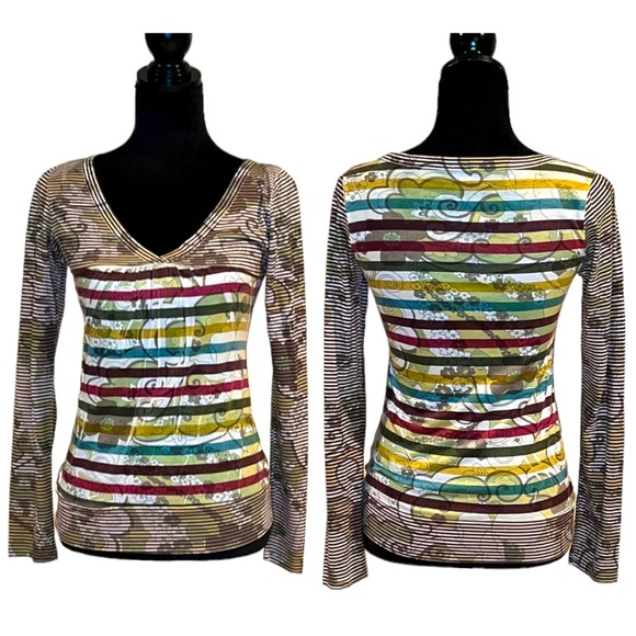 ANTHROPOLOGIE DAY TRIP FLORAL STRIPE V-NECK LONG SLEEVE TEE IN VINTAGE COLORS - Picture 5 of 5